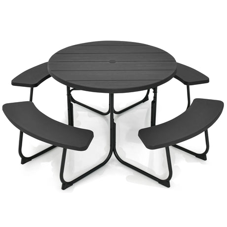 8-person 43" Round Picnic Table Set with Umbrella Hole-Black