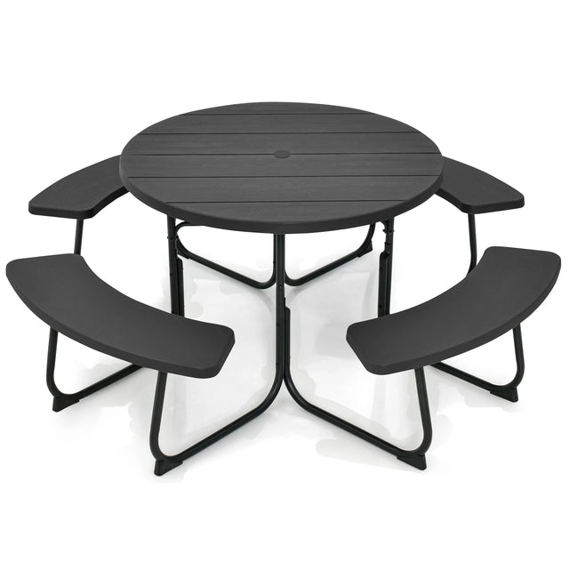 8-person 43" Round Picnic Table Set with Umbrella Hole-Black