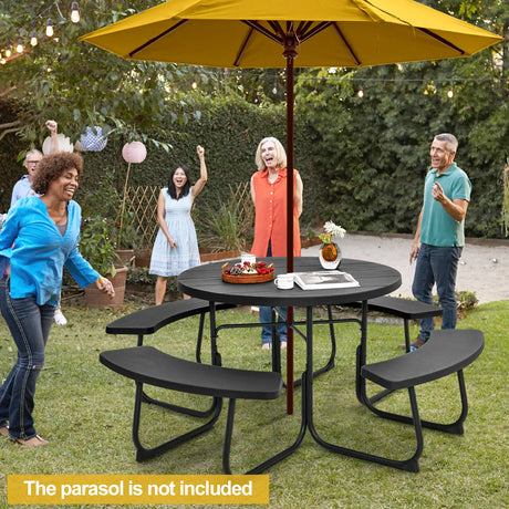 8-person 43" Round Picnic Table Set with Umbrella Hole-Black