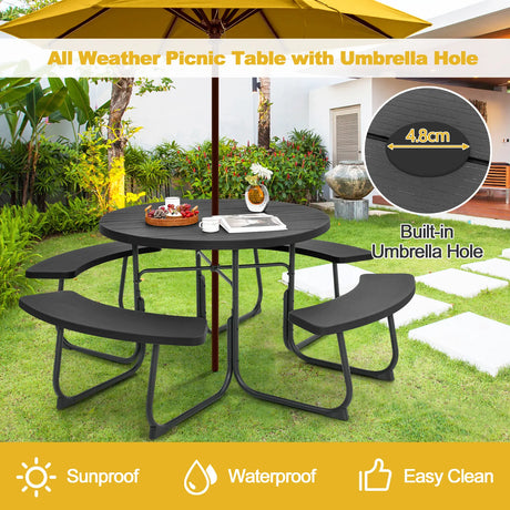 8-person 43" Round Picnic Table Set with Umbrella Hole-Black