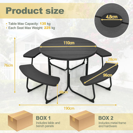 8-person 43" Round Picnic Table Set with Umbrella Hole-Black