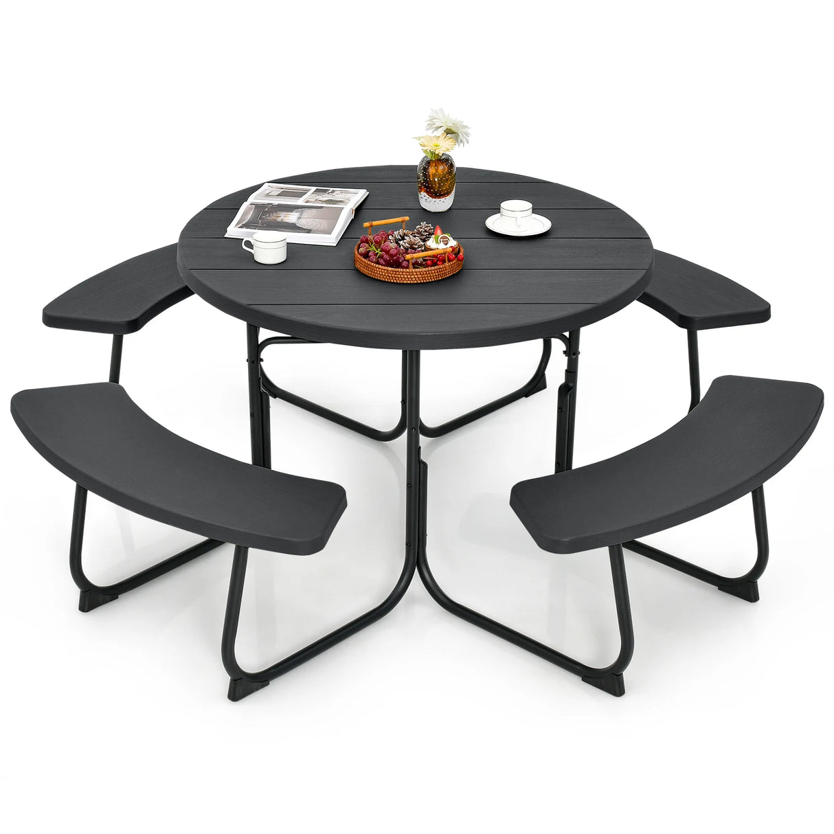 8-person 43" Round Picnic Table Set with Umbrella Hole-Black