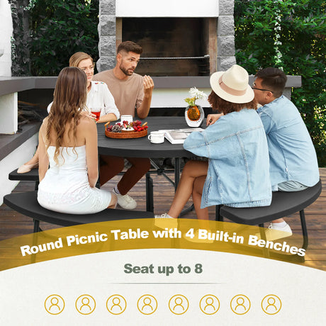8-person 43" Round Picnic Table Set with Umbrella Hole-Black