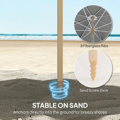 Outsunny 1.7 m Beach Umbrella with Sand Anchor, 30 Tilting Fringed Beach Garden Parasol with Adjustable Height, Grey
