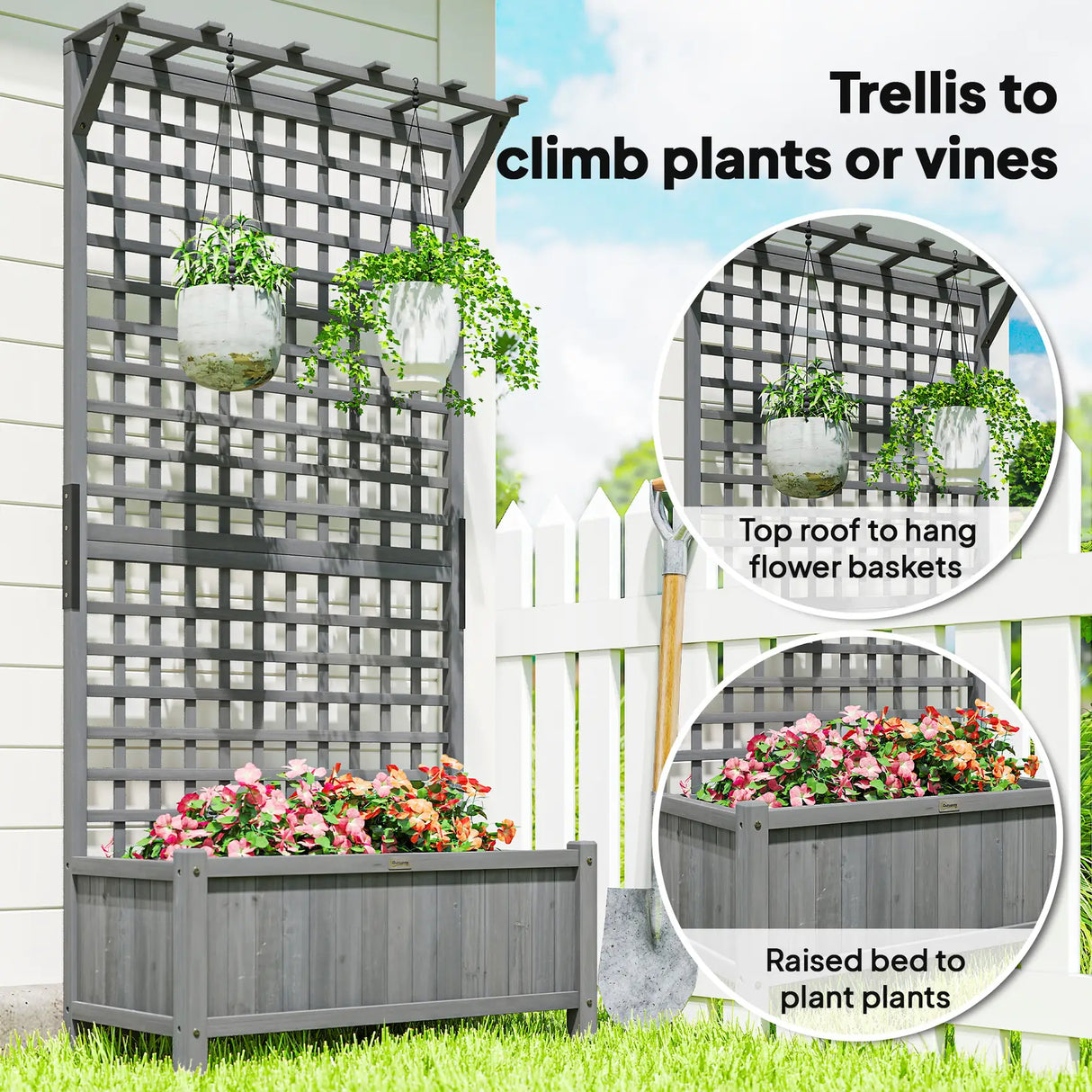 Outsunny Raised Bed with Drainage Holes, Wood Planter with Trellis for Climbing Plants to Grow Vegetables, Flowers, Dark Grey