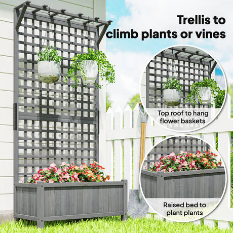 Outsunny Raised Bed with Drainage Holes, Wood Planter with Trellis for Climbing Plants to Grow Vegetables, Flowers, Dark Grey