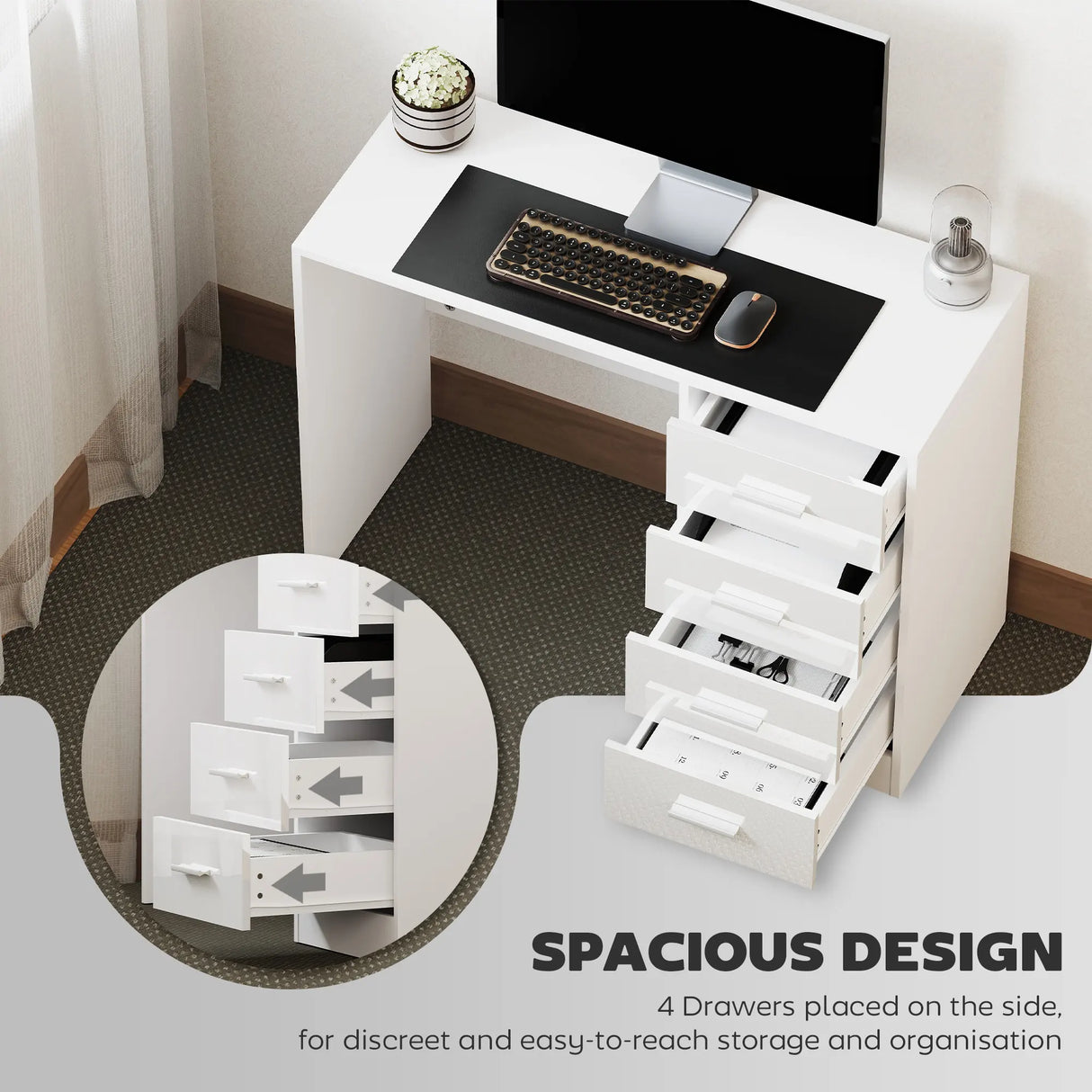 HOMCOM Computer Desk with Drawers, Dressing Table, High Gloss Home Office Writing Workstation, White
