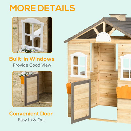 Outsunny Wooden Playhouse for Kids Outdoor Wendy House with Door, windows, Bench, Service Stations, Flowerpot Holder, For Ages 3-7 Years