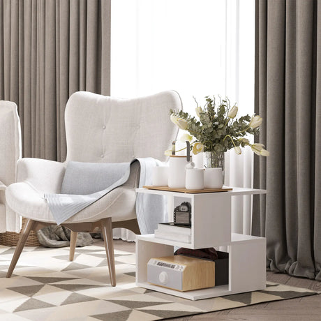 HOMCOM Set of 2 Side Table, Square Coffee Table, Modern End Table with 2 Tier Storage Shelves for Living Room, Bedroom, White