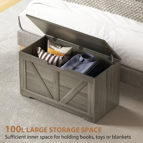 HOMCOM 100L Home Storage Box, with Safety Hinges - Charcoal Grey