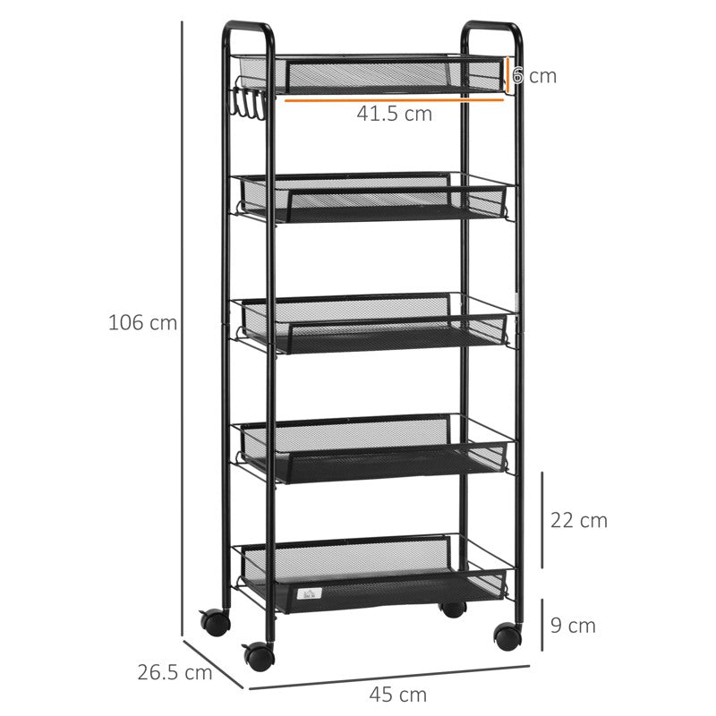 HOMCOM Five-Steel Mesh Basket Storage Trolley, with Wheels - Black