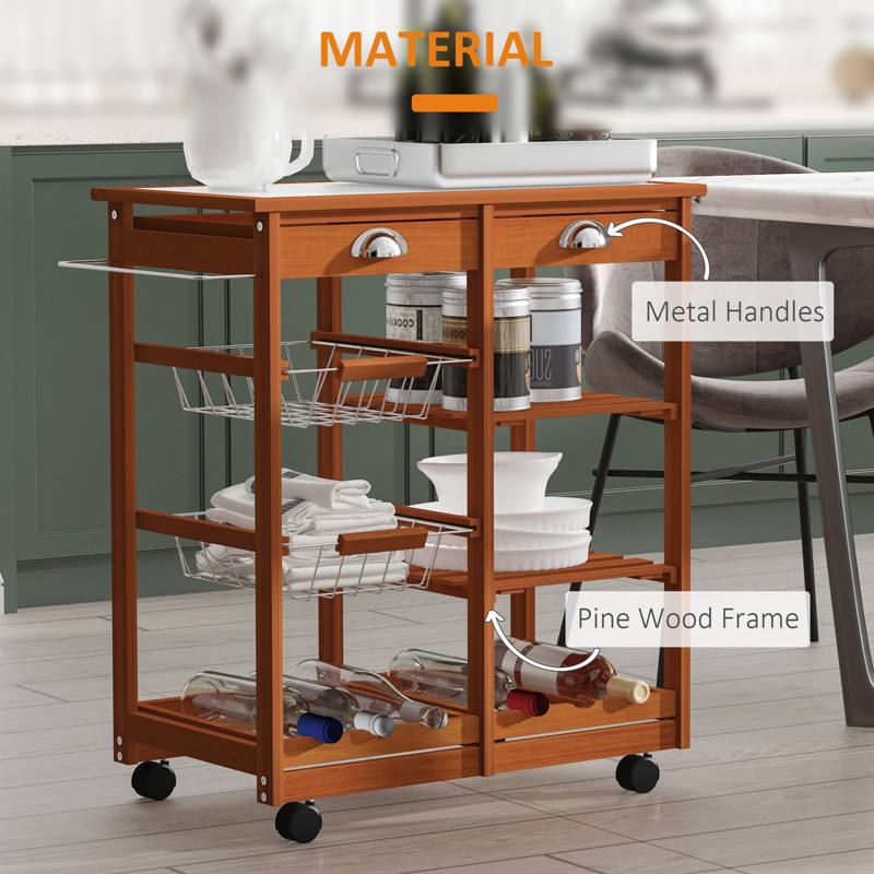 HOMCOM Rolling Kitchen Island Trolley Cart Drawer Shelves Basket Wheels W/  6 Bottle Wine Rack, Honey Colour