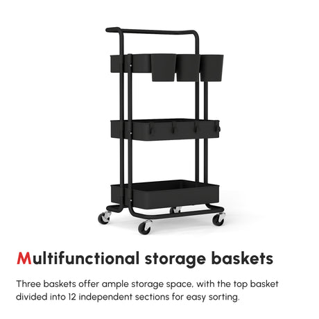 HOMCOM Three-Tier Home Trolley, with Handle and Wheels - Black