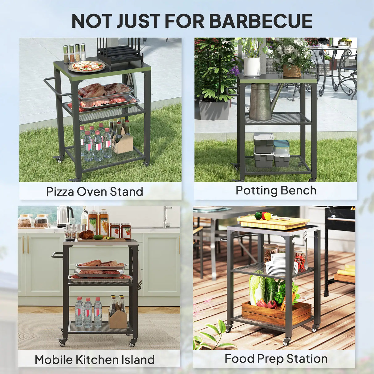 Outsunny Three-Shelf Outdoor Grill Cart with Stainless Steel Top, Outdoor Kitchen Island with 4 Wheels, 3 Hooks, Movable Food Prep Barbecue Pizza Oven Table for Kitchen, Garden, 65.5 x 41 x 79 cm