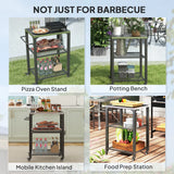 Outsunny Three-Shelf Outdoor Grill Cart with Stainless Steel Top, Outdoor Kitchen Island with 4 Wheels, 3 Hooks, Movable Food Prep Barbecue Pizza Oven Table for Kitchen, Garden, 65.5 x 41 x 79 cm