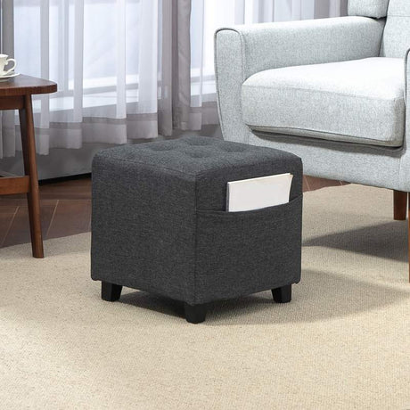 HOMCOM Square Footstool, Small Ottoman with Side Pocket, Linen Fabric Footrest Foot Stool with Rubber Wood Legs and Padded Seat for Living Room, Bedroom, Entryway, 35 x 35 x 35cm, Grey