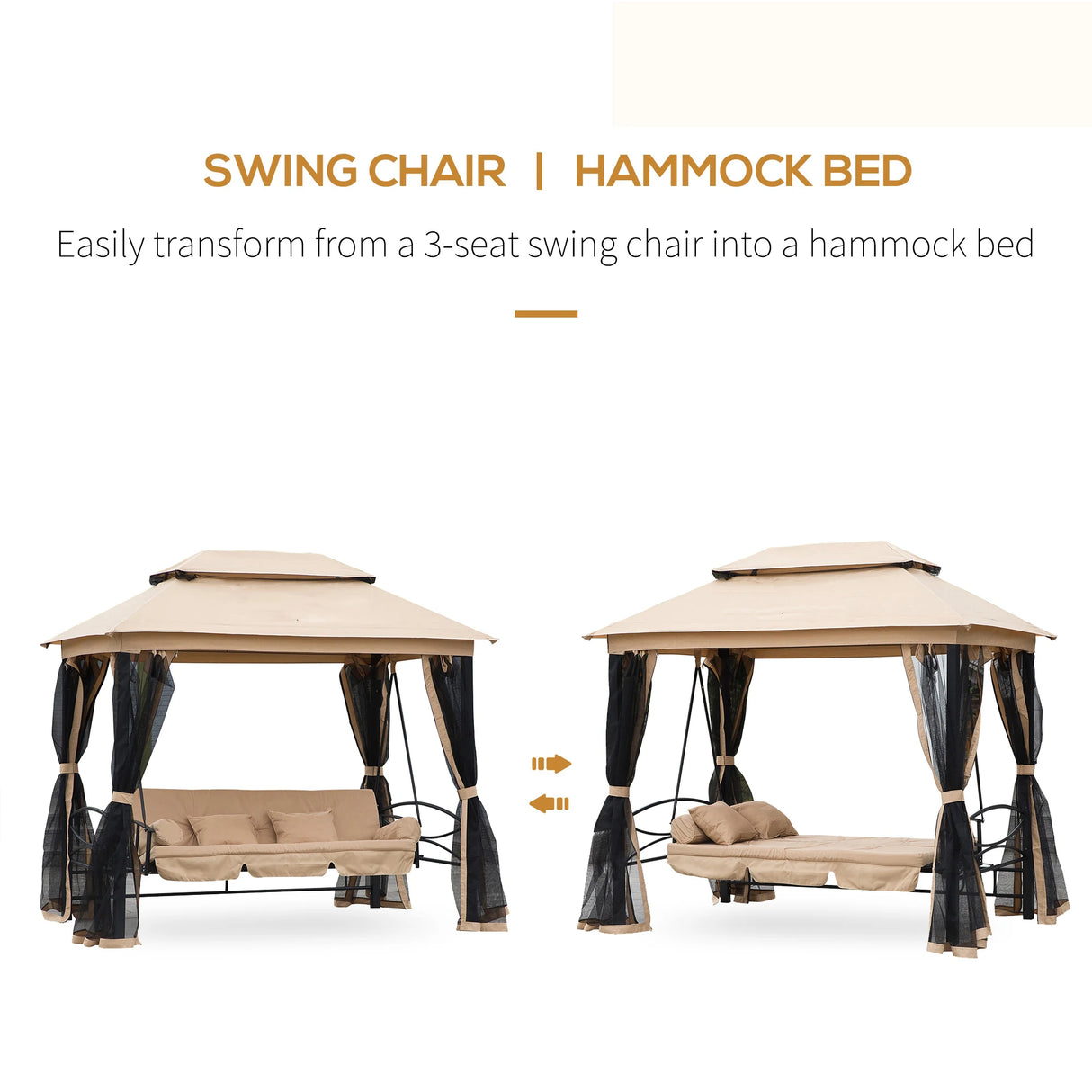 Outsunny 3 Seater Swing Chair 3-in-1 Convertible Garden Swing Seat Bed Gazebo Patio Bench Outdoor with Double Tier Canopy, Cushioned Seat, Mesh Sidewalls, Beige