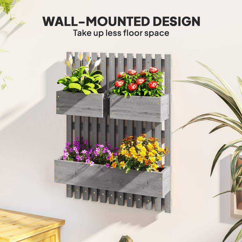 Outsunny Wall-mounted Wooden Garden Planters with Trellis, Drainage Holes and 3 Planter Boxes for Patio, Grey