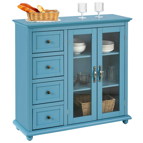 Kitchen Storage Cabinet with Clear Glass Doors for Dining Room/Kitchen/Entryway Blue