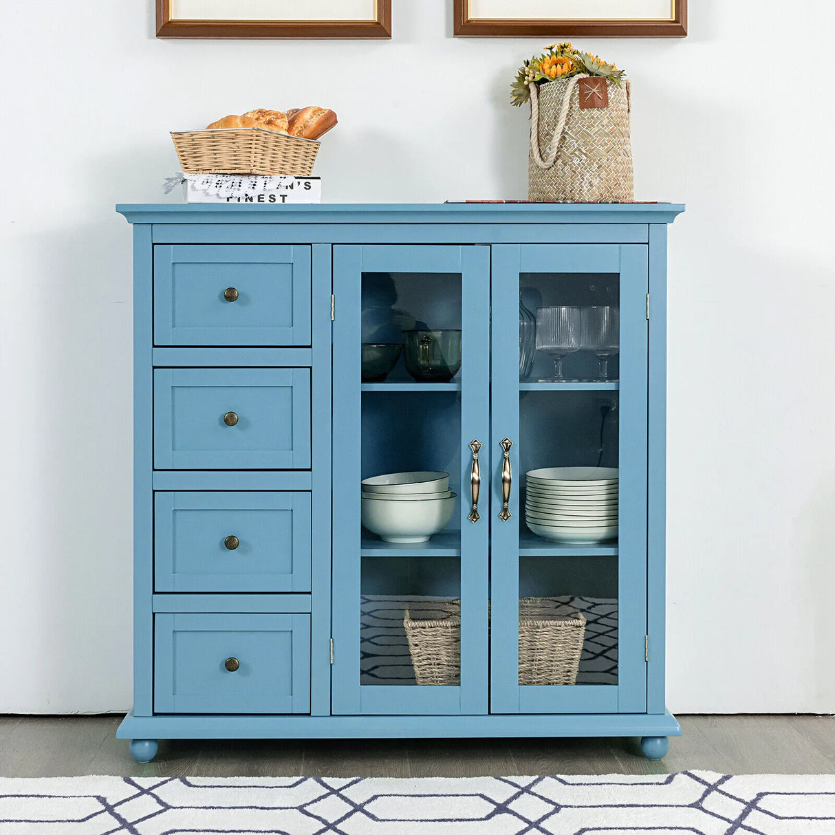 Kitchen Storage Cabinet with Clear Glass Doors for Dining Room/Kitchen/Entryway Blue