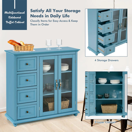 Kitchen Storage Cabinet with Clear Glass Doors for Dining Room/Kitchen/Entryway Blue