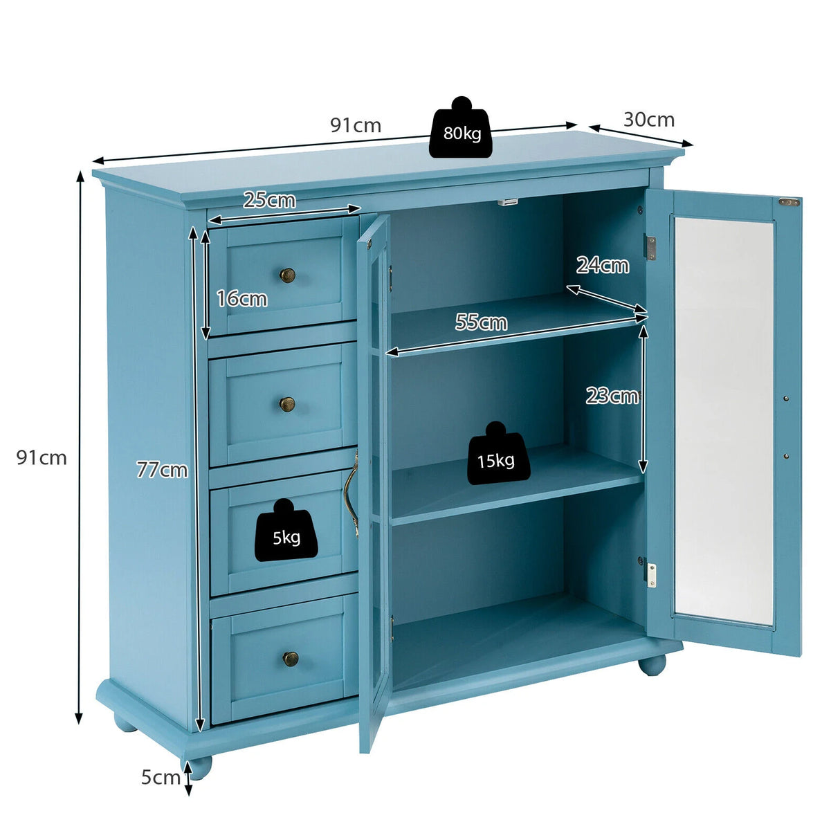 Kitchen Storage Cabinet with Clear Glass Doors for Dining Room/Kitchen/Entryway Blue