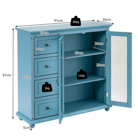 Kitchen Storage Cabinet with Clear Glass Doors for Dining Room/Kitchen/Entryway Blue