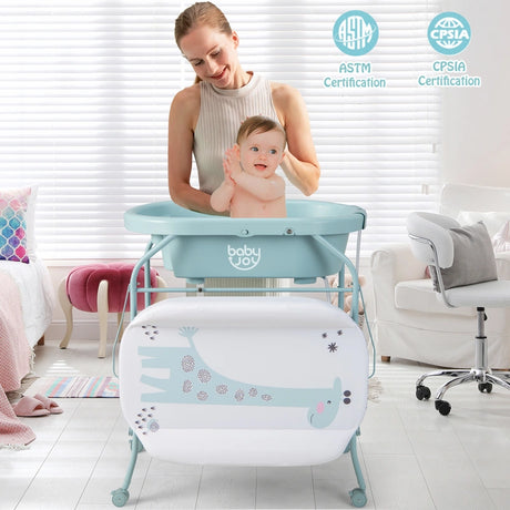 2-in-1 Baby Change Table with Bathtub and Folding Changing Station-Blue