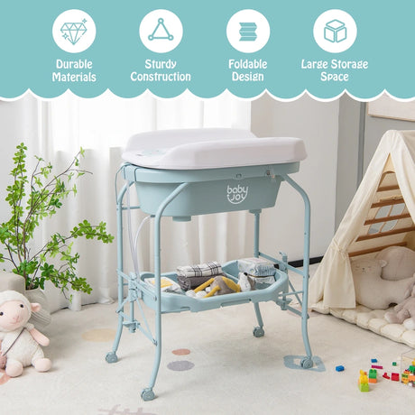 2-in-1 Baby Change Table with Bathtub and Folding Changing Station-Blue