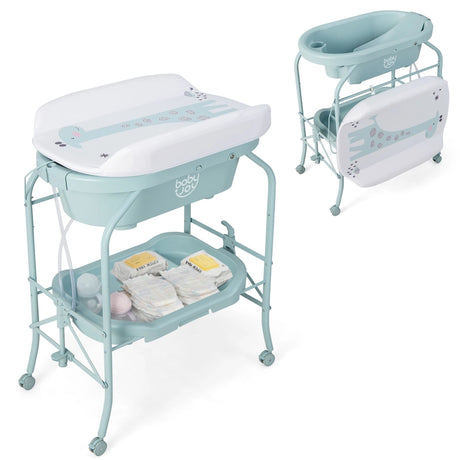 2-in-1 Baby Change Table with Bathtub and Folding Changing Station-Blue