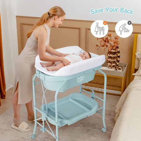 2-in-1 Baby Change Table with Bathtub and Folding Changing Station-Blue