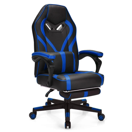 Ergonomic Swivel Gaming Chair with Retractable Footrest and Lumbar Support-Blue