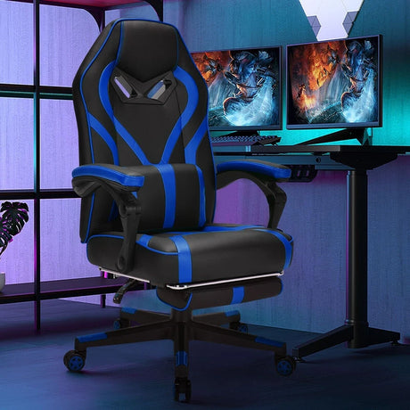Ergonomic Swivel Gaming Chair with Retractable Footrest and Lumbar Support-Blue
