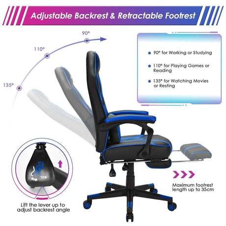 Ergonomic Swivel Gaming Chair with Retractable Footrest and Lumbar Support-Blue