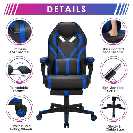 Ergonomic Swivel Gaming Chair with Retractable Footrest and Lumbar Support-Blue