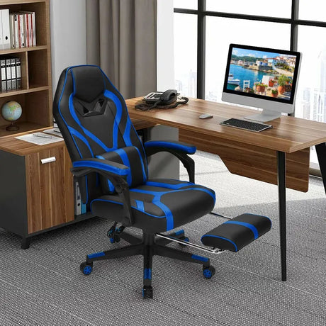 Ergonomic Swivel Gaming Chair with Retractable Footrest and Lumbar Support-Blue