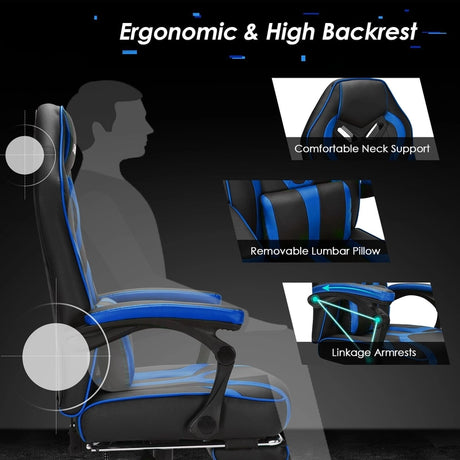 Ergonomic Swivel Gaming Chair with Retractable Footrest and Lumbar Support-Blue