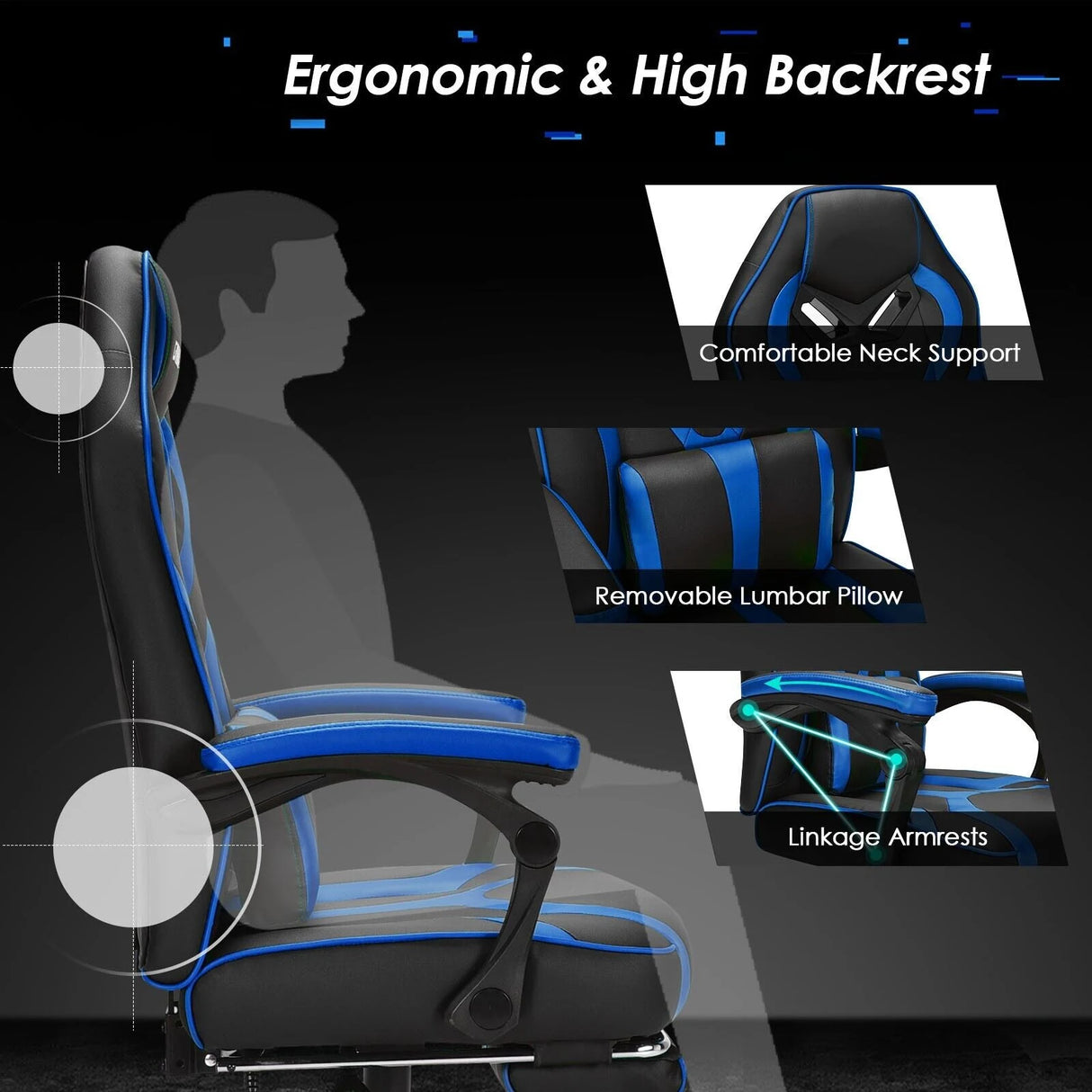 Ergonomic Swivel Gaming Chair with Retractable Footrest and Lumbar Support-Blue
