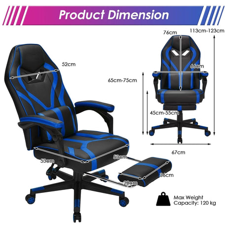 Ergonomic Swivel Gaming Chair with Retractable Footrest and Lumbar Support-Blue