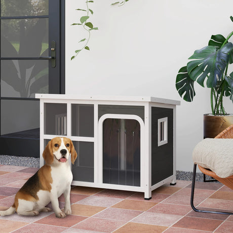 PawHut Wooden Outdoor Dog House with Asphalt Openable Top, Removable Floor, Clear Front Panel, Curtain, Light Grey