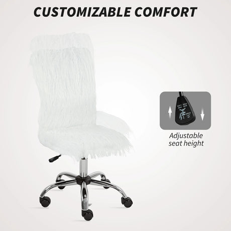 HOMCOM Plush Office Desk Chair, Modern Armless Swivel Vanity Chair with Adjustable Height for Home Office, Bedroom, Living Room, White