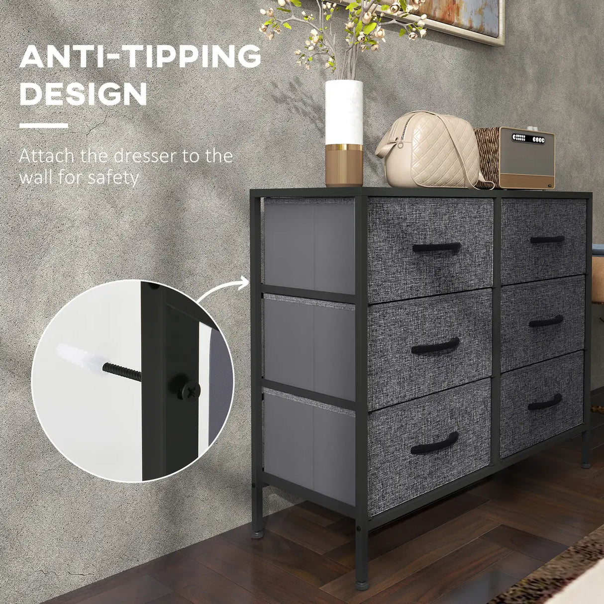 HOMCOM Fabric Chest of Drawers, Industrial Bedroom Dresser with 6 Fabric Drawers, Steel Frame and Wooden Top for Nursery, Living Room, Hallway, Black
