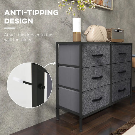 HOMCOM Fabric Chest of Drawers, Industrial Bedroom Dresser with 6 Fabric Drawers, Steel Frame and Wooden Top for Nursery, Living Room, Hallway, Black