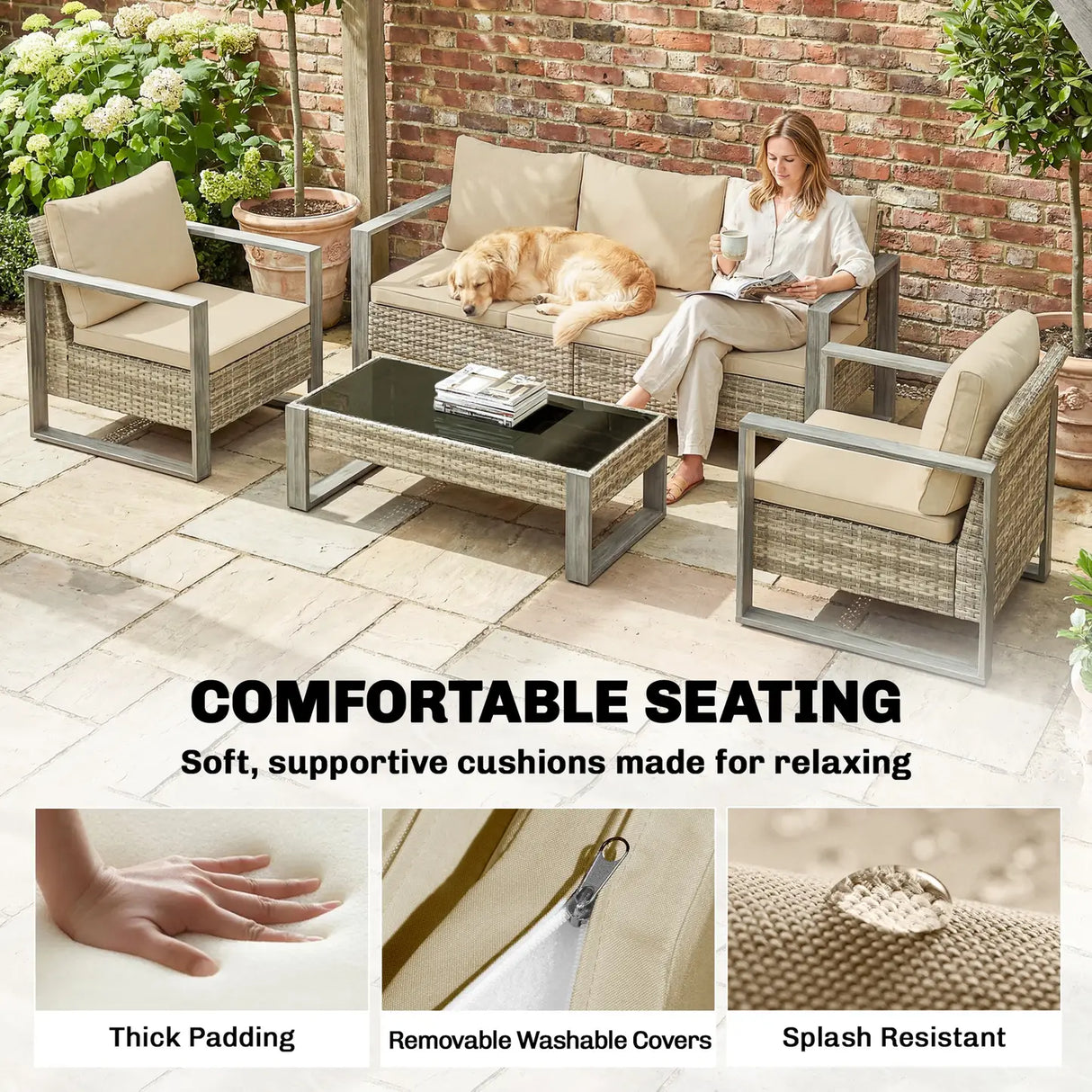 Outsunny 4 Piece Rattan Garden Furniture Set with 3-Seater Sofa, Armchairs, Table, Aluminium Frame Patio Conversation Set, Khaki