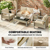 Outsunny 4 Piece Rattan Garden Furniture Set with 3-Seater Sofa, Armchairs, Table, Aluminium Frame Patio Conversation Set, Khaki