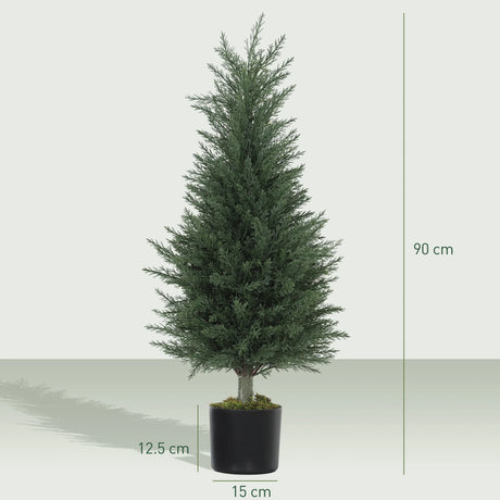 HOMCOM Artificial Plants Outdoor, 90 cm Fake Cypress Tree with Plastic Pots, UV-Resistant Faux Plants for Garden Front Porch Decoration, 2 Pack