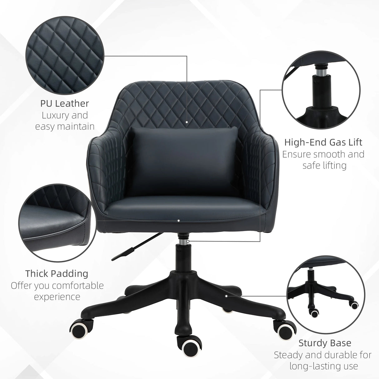 Vinsetto PU Leather Office Chair, Desk Chair, Makeup Vanity Chair with Massage Lumbar Pillow and Rolling Wheels for Bedroom and Home, Deep Blue