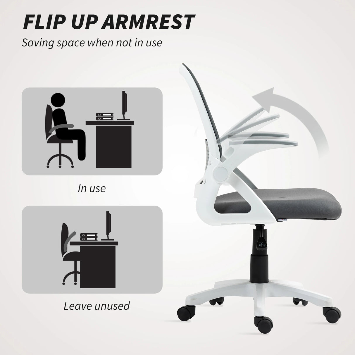 HOMCOM Breathable Mesh Office Chair, Ergonomic Swivel Computer Chair with Flip-up Armrests, Lumbar Back Support for Home/Office, Grey