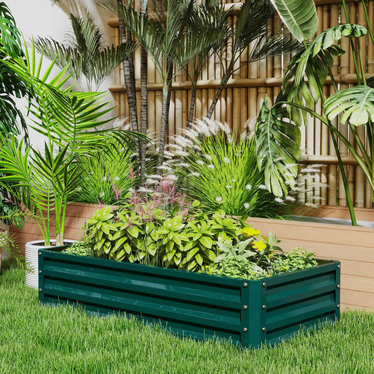 Outsunny Set of 2 Raised Beds for Garden, Galvanised Outdoor Planters for Herbs Vegetables, Use for Patio Balcony, Green