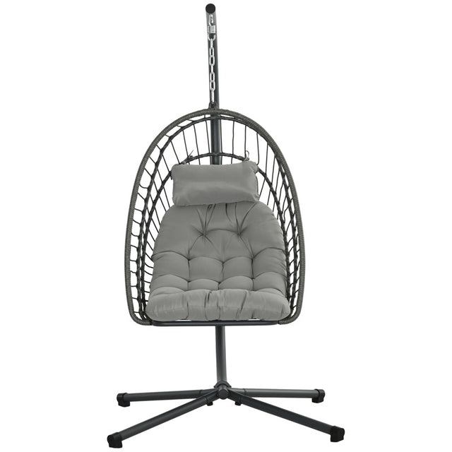 Outsunny Outdoor PE Rattan Swing Chair with Cushion, Garden Foldable Basket Patio Hanging Egg Chair with Metal Stand, Headrest, for Indoor and Outdoor, Light Grey